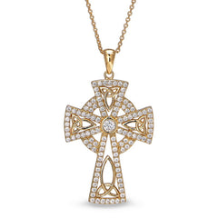 Gold finish sterling silver micropave celtic cross pendant with simulated diamonds on 16 - 18 adjustable chain