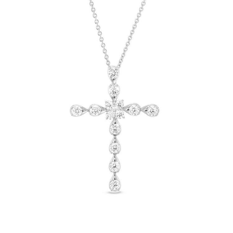 Platinum finish sterling silver cross pendant with simulated diamonds on 16 - 18 adjustable chain