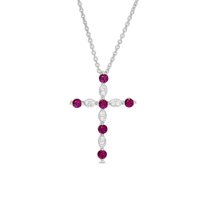 Platinum finish sterling silver cross pendant with simmulated rubies and simulated diamonds on 16 - 18 adjustable chain