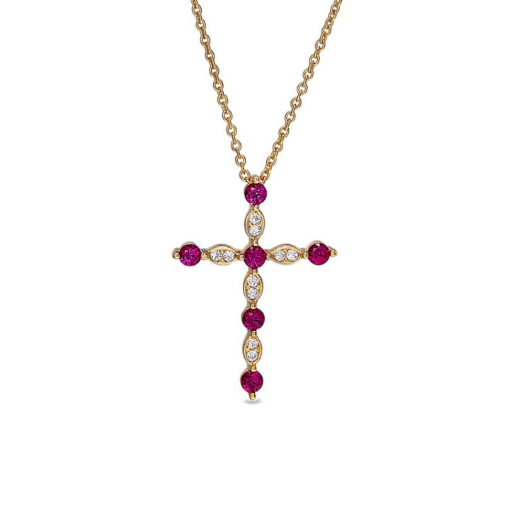 Gold finish sterling silver cross pendant with simmulated rubies and simulated diamonds on 16 - 18 adjustable chain