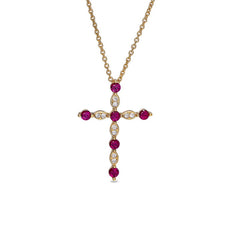 Gold finish sterling silver cross pendant with simmulated rubies and simulated diamonds on 16 - 18 adjustable chain