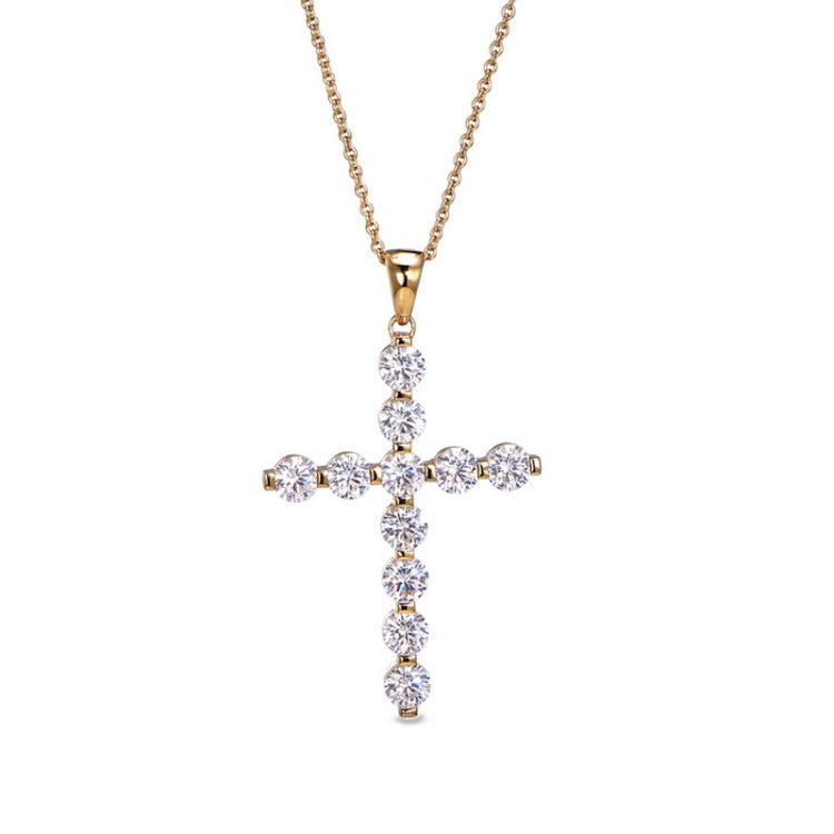 Gold finish sterling silver fancy beaded bezel set cross pendant with simmulated diamonds on 16 - 18 adjustable chain