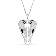 Platinum finish sterling silver micropave angel wings pendant with simmulated diamonds on 16 - 18 adjustable chain