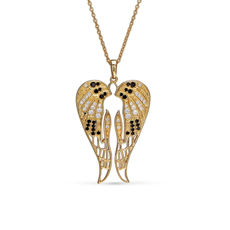 Gold finish sterling silver micropave angel wings pendant with simmulated diamonds on 16 - 18 adjustable chain