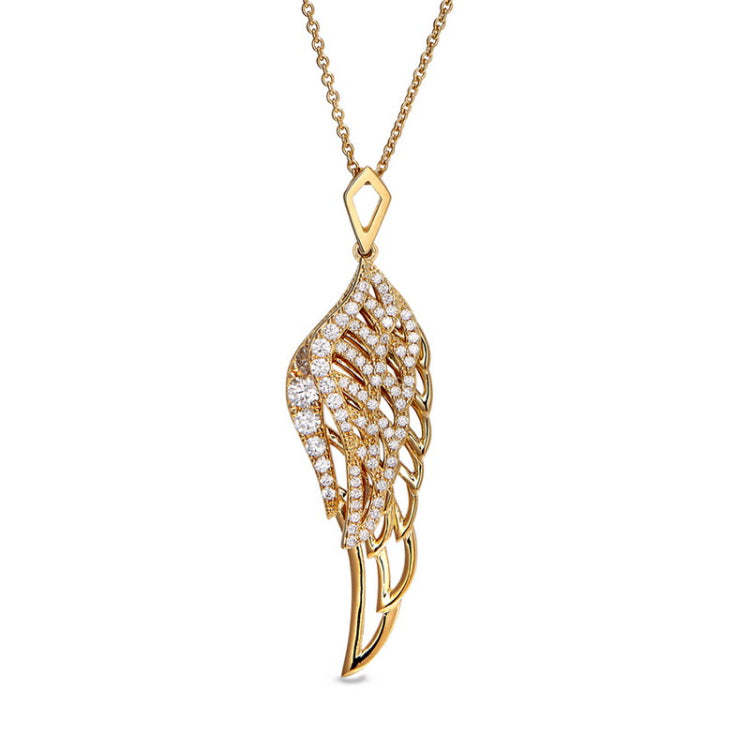 Gold finish sterling silver micropave angel wing pendant with simmulated diamonds on 16 - 18 adjustable chain