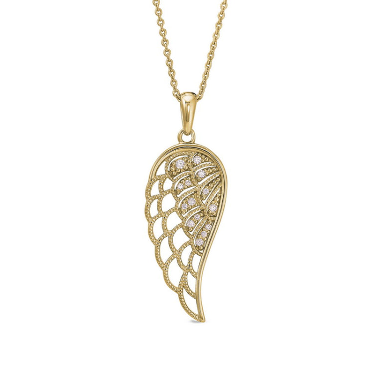 Gold finish sterling silver micropave angel wing pendant with simmulated diamonds on 16 - 18 adjustable chain