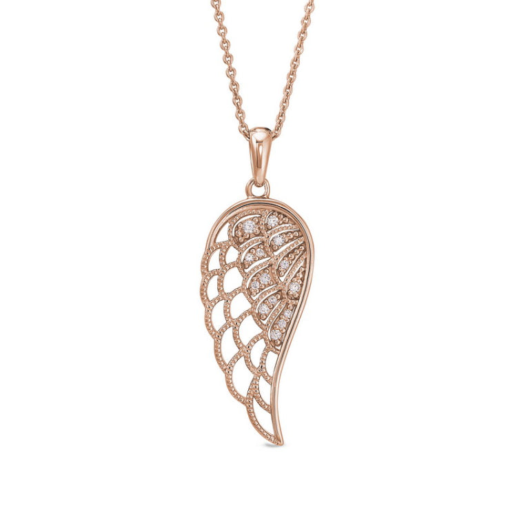 Rose gold finish sterling silver micropave angel wing pendant with simmulated diamonds on 16 - 18 adjustable chain