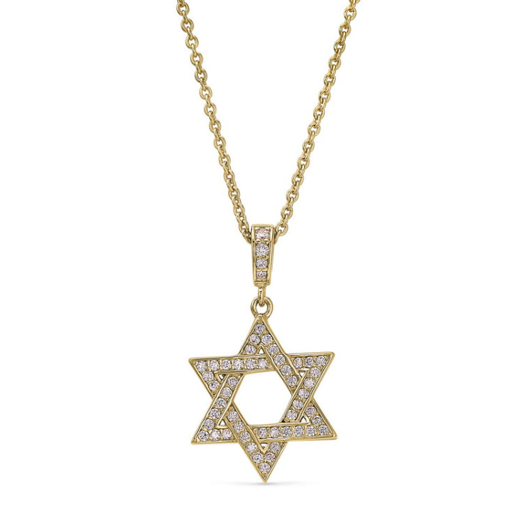 Gold finish sterling silver micropave star of david pendant with simmulated diamonds on 16 - 18 adjustable chain