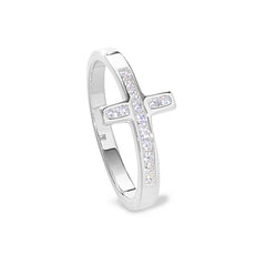 Platinum Finish Sterling Silver Micropave Cross Ring with Simulated Diamonds - size 5