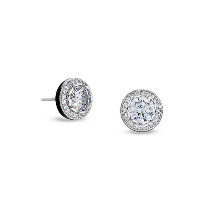 Platinum finish sterling silver micropave round halo earrings with simulated diamonds