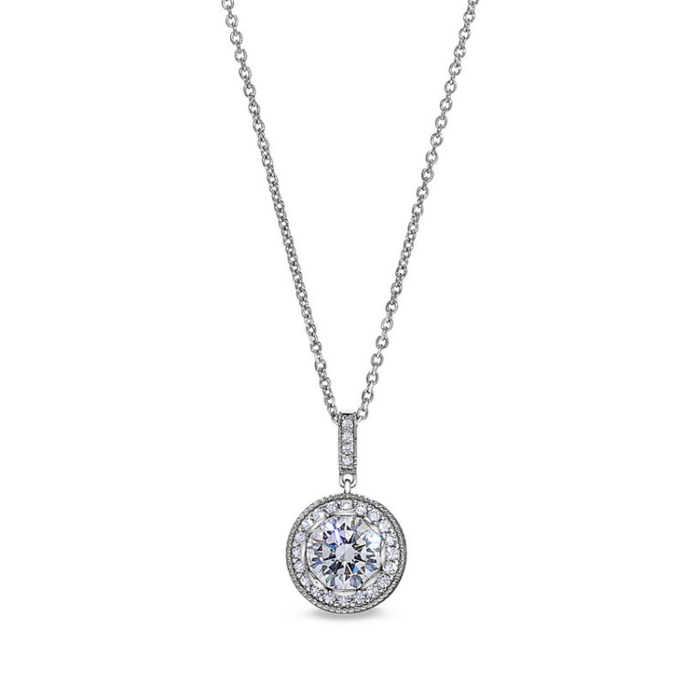 Platinum finish sterling silver micropave round halo pendant with simulated diamonds on 16 - 18 adjustable chain