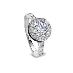 Platinum Finish Sterling Silver Micropave Round Halo Ring with Simulated Diamonds - Size 5