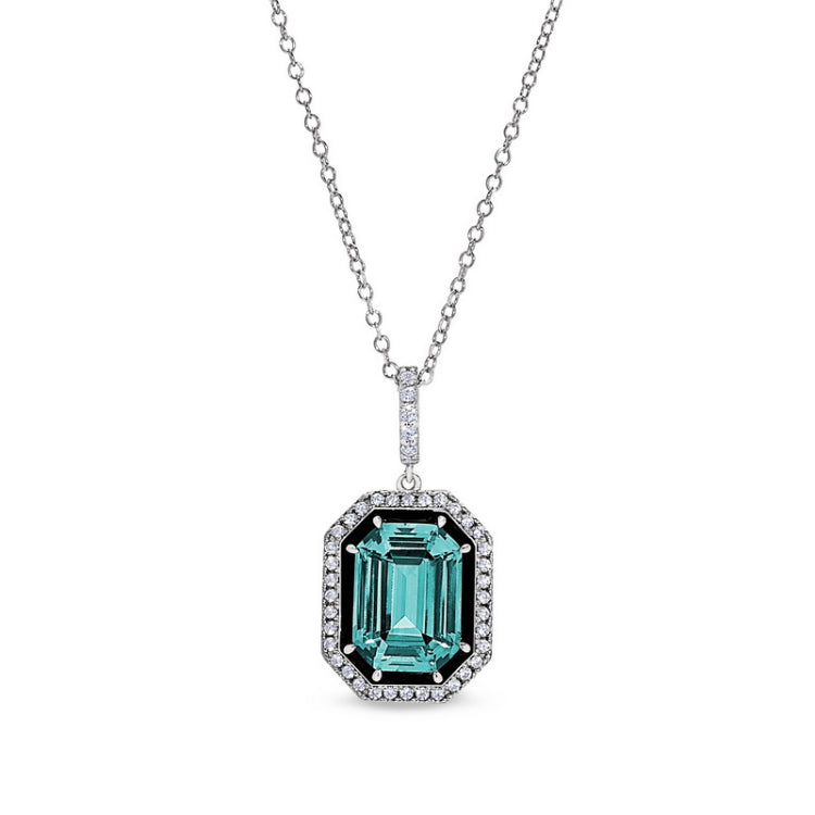 Platinum finish sterling silver micropave black enamel & aqua spinel octagon pendant with simulated diamonds on cable chain