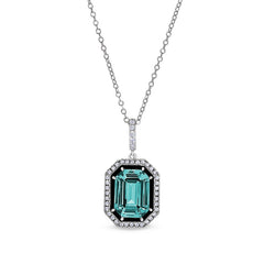 Platinum finish sterling silver micropave black enamel & aqua spinel octagon pendant with simulated diamonds on cable chain