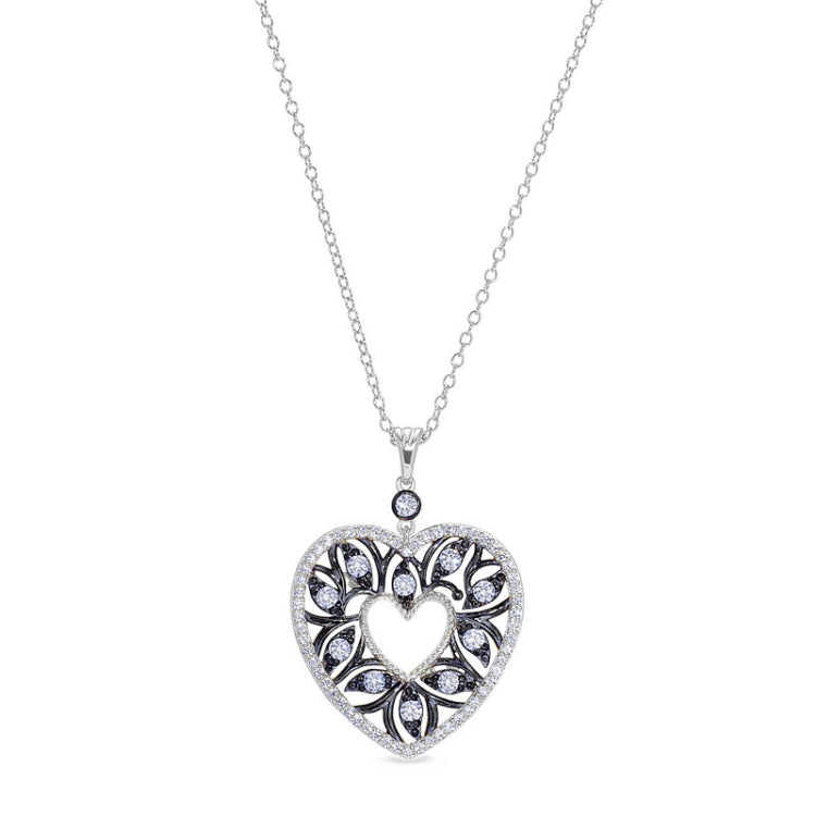 Gold vermeil and black rhodium finish sterling silver micropave open heart pendant with simulated diamonds on 18 cable chain