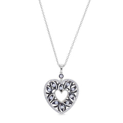 Gold vermeil and black rhodium finish sterling silver micropave open heart pendant with simulated diamonds on 18 cable chain