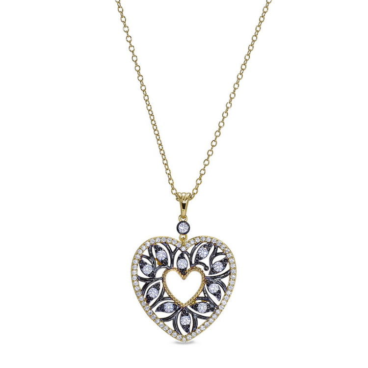 Gold and black rhodium finish sterling silver micropave open heart pendant with simulated diamonds on 18 cable chain