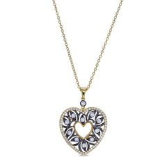 Gold and black rhodium finish sterling silver micropave open heart pendant with simulated diamonds on 18 cable chain