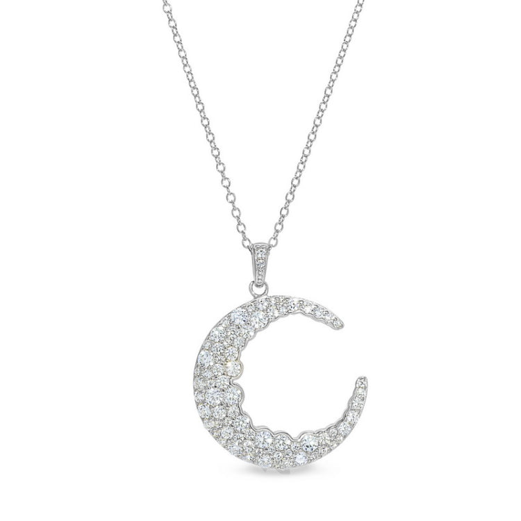 Platinum finish sterling silver micropave crescent moon pendant with simulated diamonds on 18 cable chain