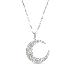 Platinum finish sterling silver micropave crescent moon pendant with simulated diamonds on 18 cable chain