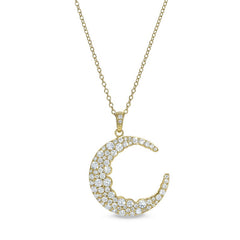 Gold finish sterling silver micropave crescent moon pendant with simulated diamonds on 18 cable chain