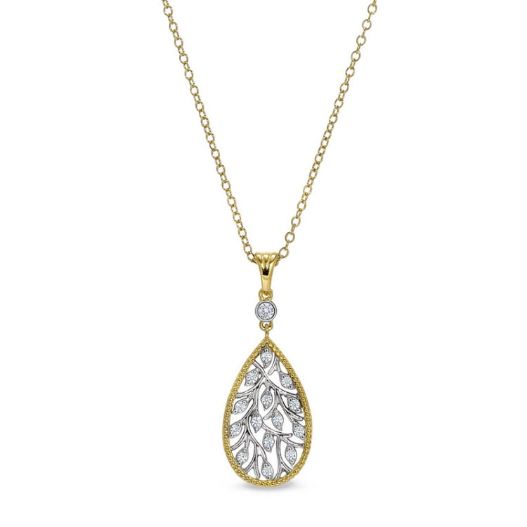 Gold and gold vermeil finish sterling silver micropave tear drop pendant with simulated diamonds on 18 cable chain
