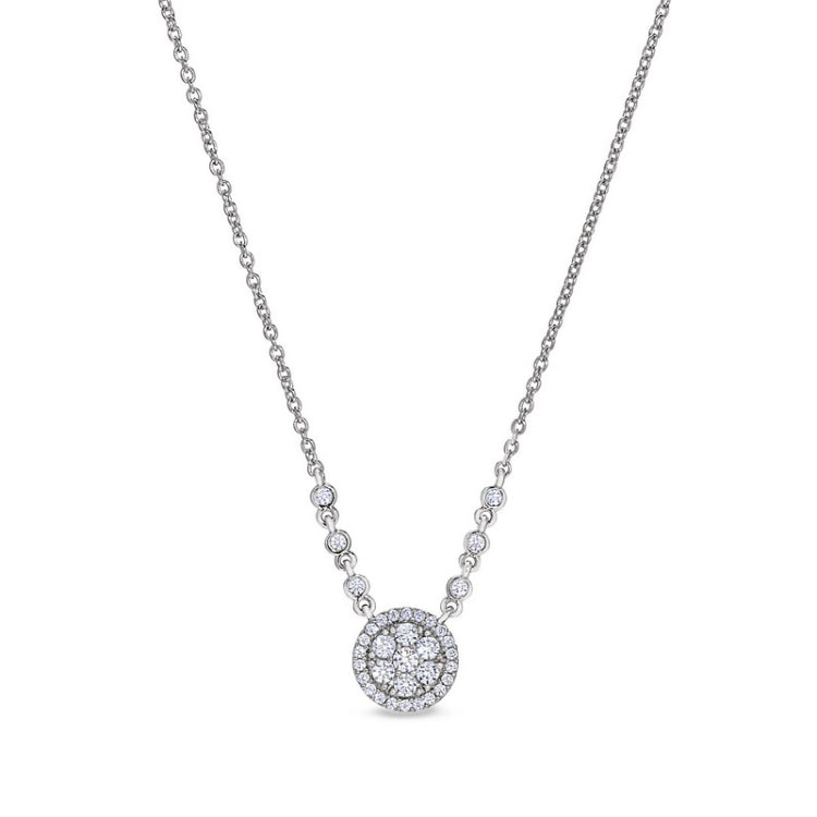 Platinum finish sterling silver micropave necklace with simulated diamonds on 16 - 18 adjustable cable chain
