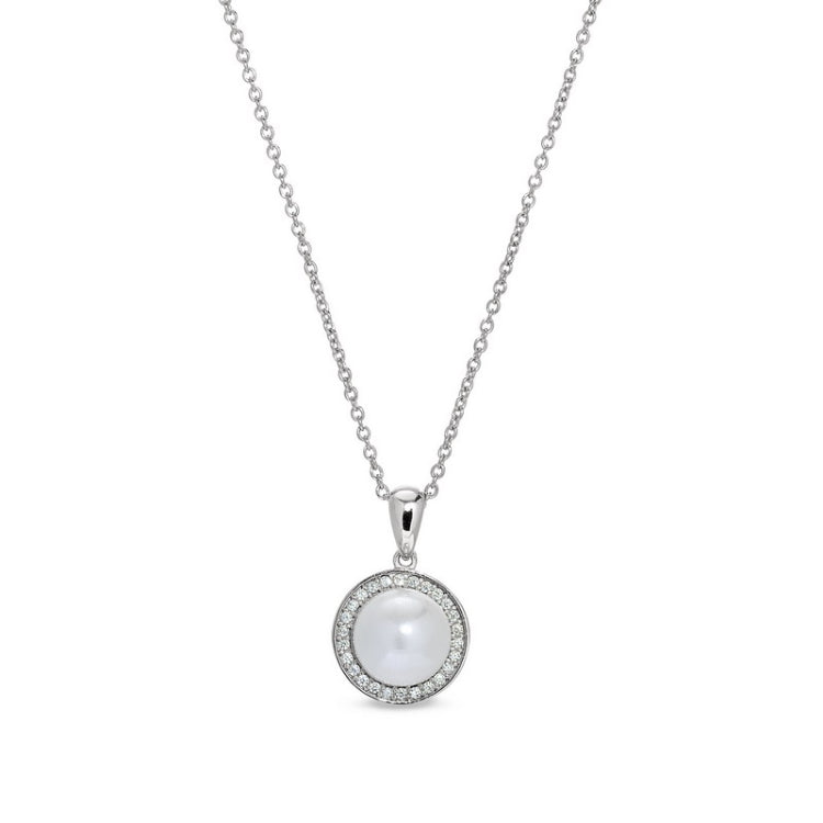 Platinum finish sterling silver micropave round cabochon pearl pendant with simulated diamonds on 16- 18 adjustable cable