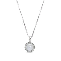 Platinum finish sterling silver micropave round cabochon pearl pendant with simulated diamonds on 16- 18 adjustable cable