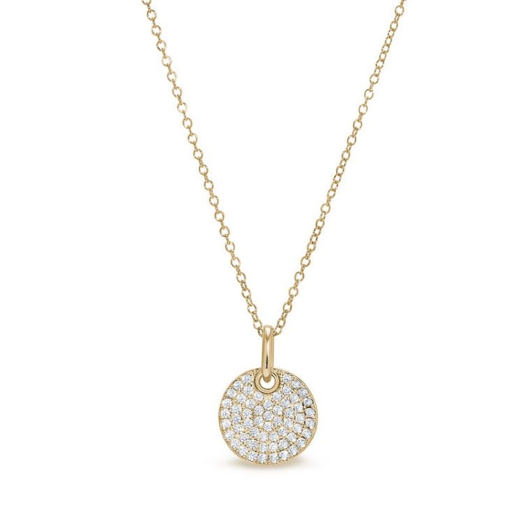 Gold vermeil and gold vermeil finish sterling silver micropave round pendant with simulated diamonds on 18 cable chain