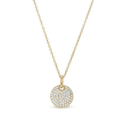 Gold vermeil and gold vermeil finish sterling silver micropave round pendant with simulated diamonds on 18 cable chain