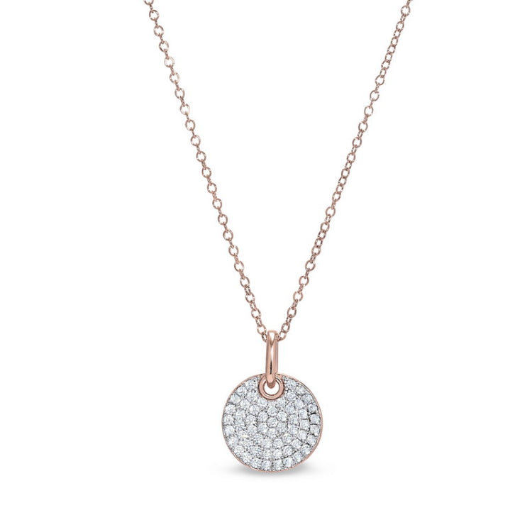 Rose gold and gold vermeil finish sterling silver micropave round pendant with simulated diamonds on 18 cable chain
