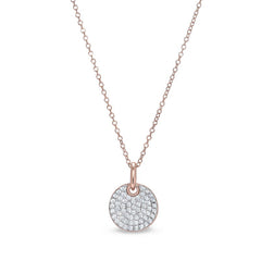 Rose gold and gold vermeil finish sterling silver micropave round pendant with simulated diamonds on 18 cable chain