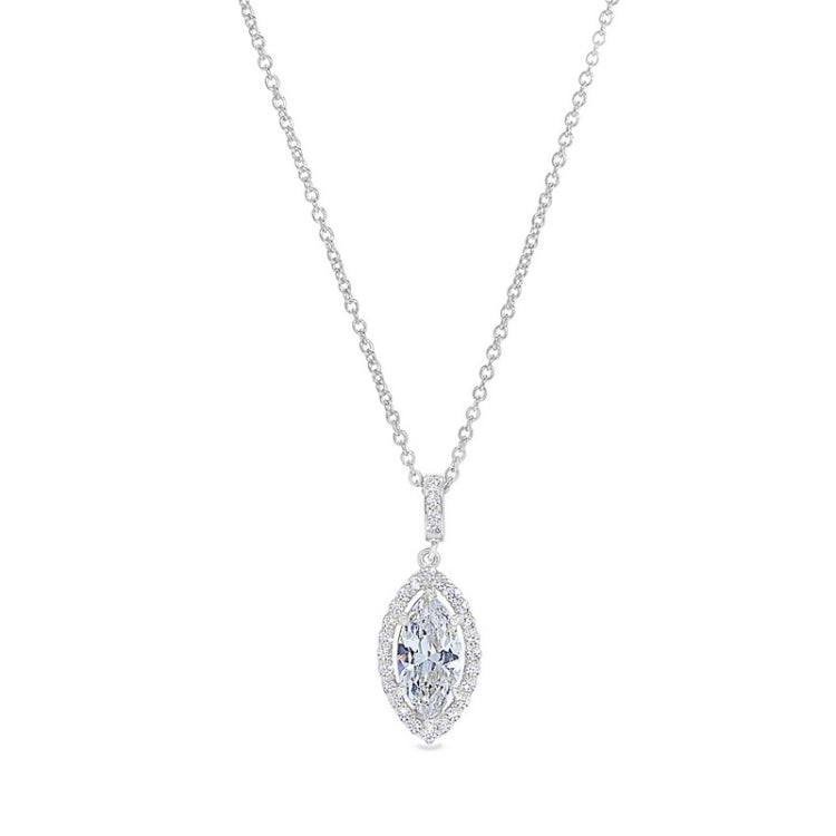 Platinum finish sterling silver micropave marquise halo necklace with simulated diamonds on 16 - 18  adjustable cable chain