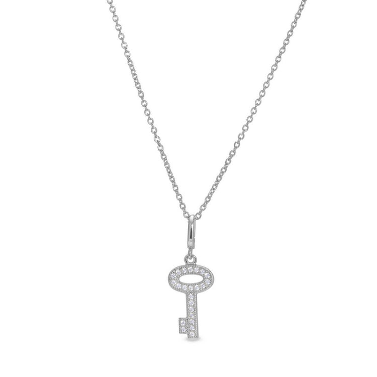 Platinum finish sterling silver micropave key pendant with simulated diamonds on 16 - 18 adjustable chain