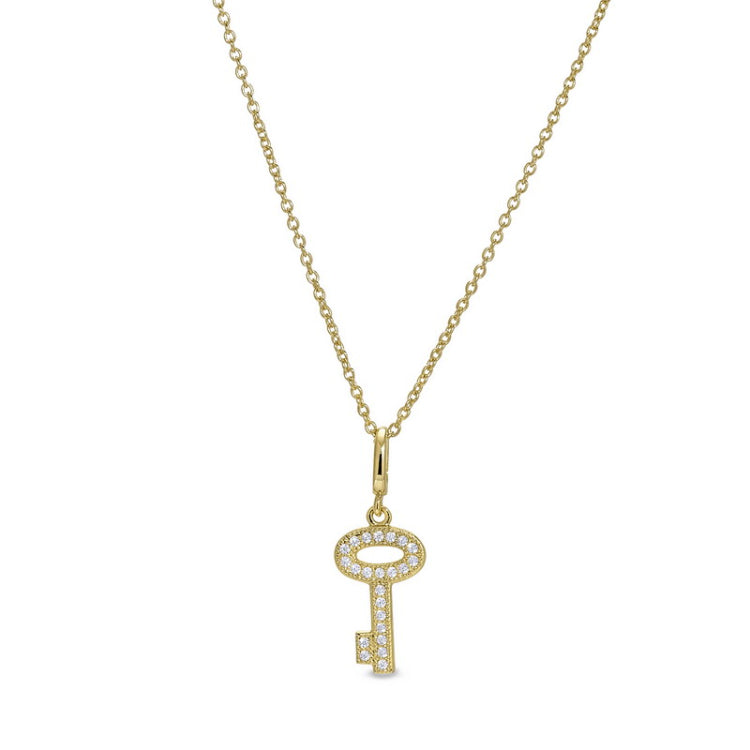 Gold vermeil sterling silver micropave key pendant with simulated diamonds on 16 - 18 adjustable chain
