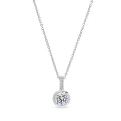 Platinum finish sterling silver micropave drop bezel pendant with simulated diamonds on 16 - 18 adjustable cable chain