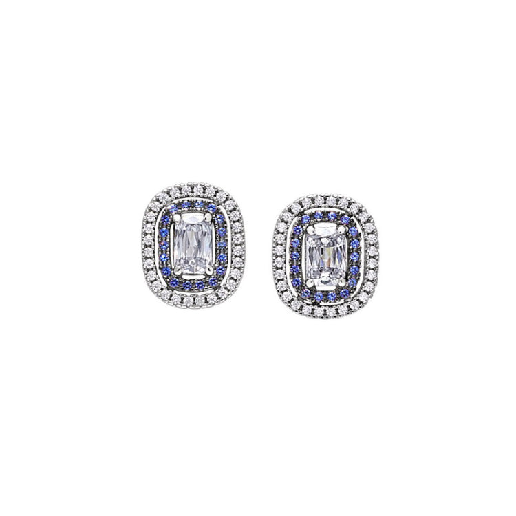 Gold vermeil and black rhodium finish sterling silver micropave earrings with synthetic blue sapphire and simulated diamonds
