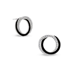 Platinum finish sterling silver micropave double open circle earrings with black enamel and simulated diamonds