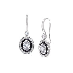 Platinum finish sterling silver micropave oval halo earrings with black enamel and simulated diamonds