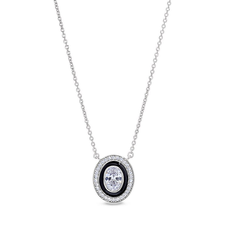 Platinum finish sterling silver micropave oval halo necklace with black enamel and simulated diamonds