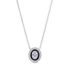 Platinum finish sterling silver micropave oval halo necklace with black enamel and simulated diamonds
