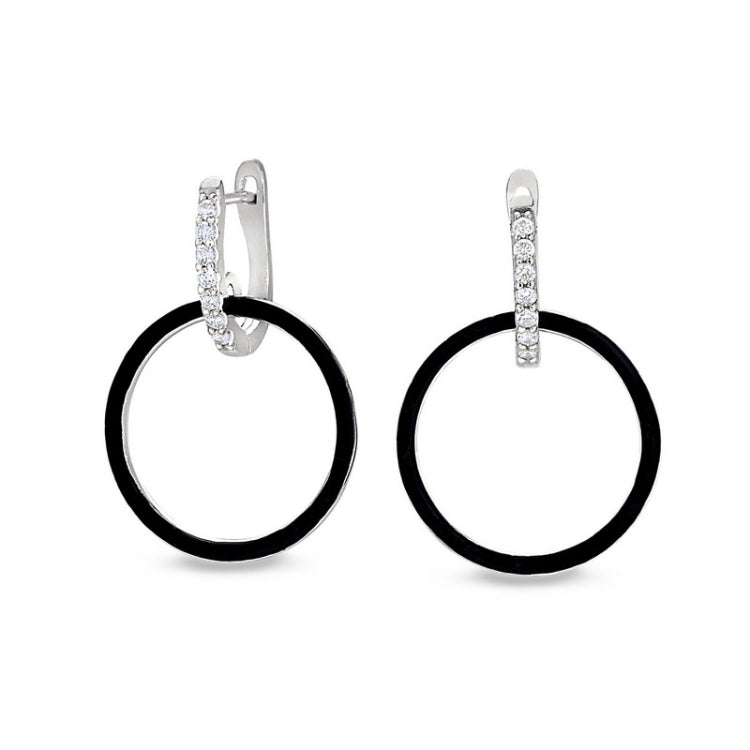 Platinum finish sterling silver micropave black enamel open hoop earrings with simulated diamonds