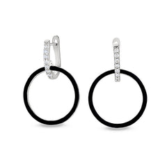 Platinum finish sterling silver micropave black enamel open hoop earrings with simulated diamonds