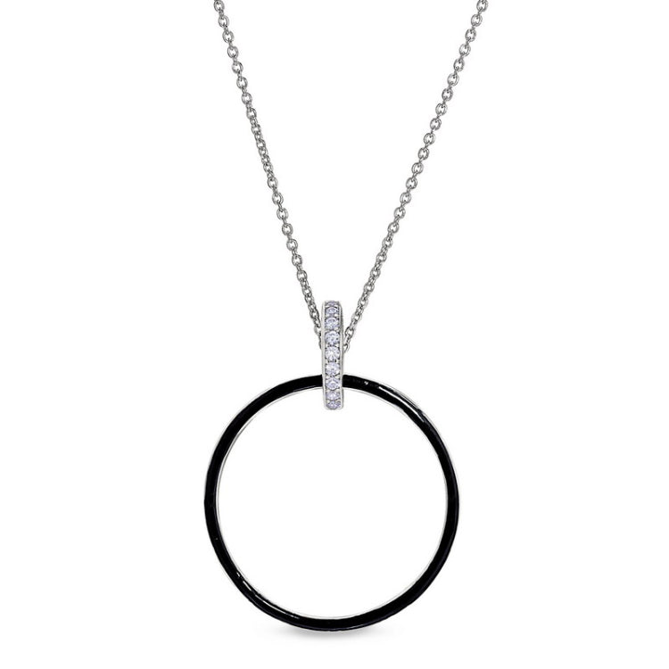 Platinum finish sterling micropave black enamel open hoop pendant with simulated diamonds on 16 - 18 adjustable cable chain