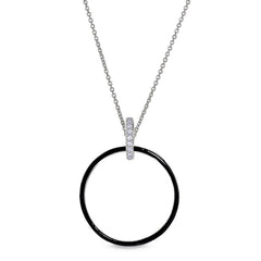 Platinum finish sterling micropave black enamel open hoop pendant with simulated diamonds on 16 - 18 adjustable cable chain