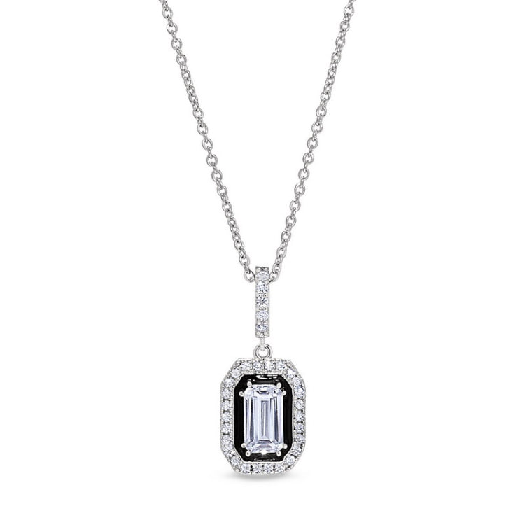 Platinum finish sterling micropave octagon pendant with black enamel and simulated diamonds on 16 - 18 adjustable cable chai