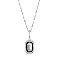 Platinum finish sterling micropave octagon pendant with black enamel and simulated diamonds on 16 - 18 adjustable cable chai