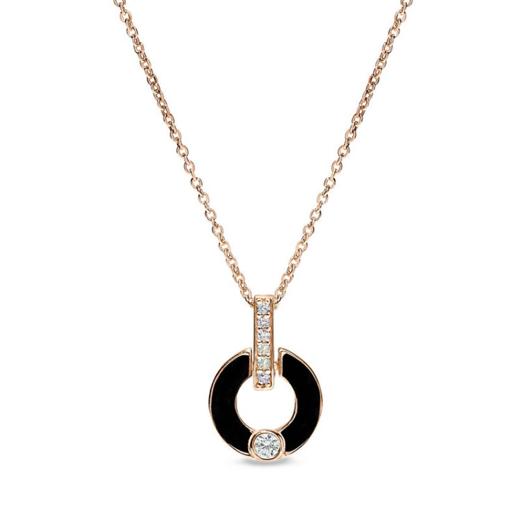 Rose gold finish sterling silver pendant with black enamel and simulated diamonds on 16 - 18 adjustable cable chain