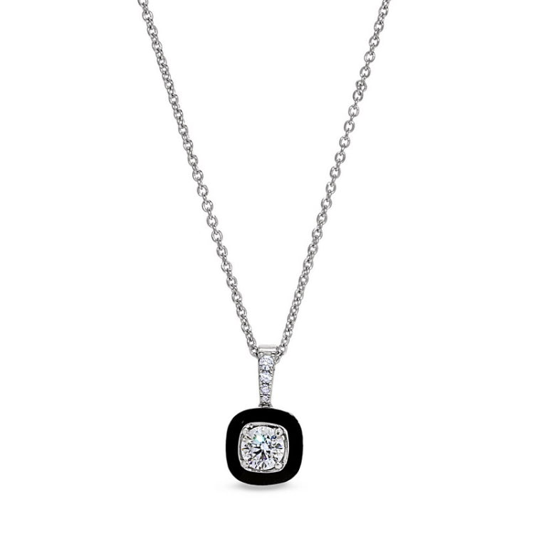 Platinum finish sterling silver pendant with black enamel and simulated diamonds on 16 -18 cable chain